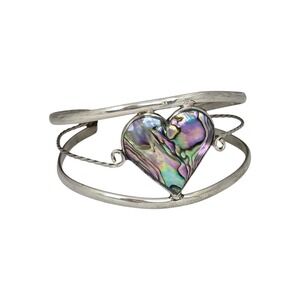 Mexican Silver Heart Cuff Bracelet Triple Band Cuff | Abalone Inlay